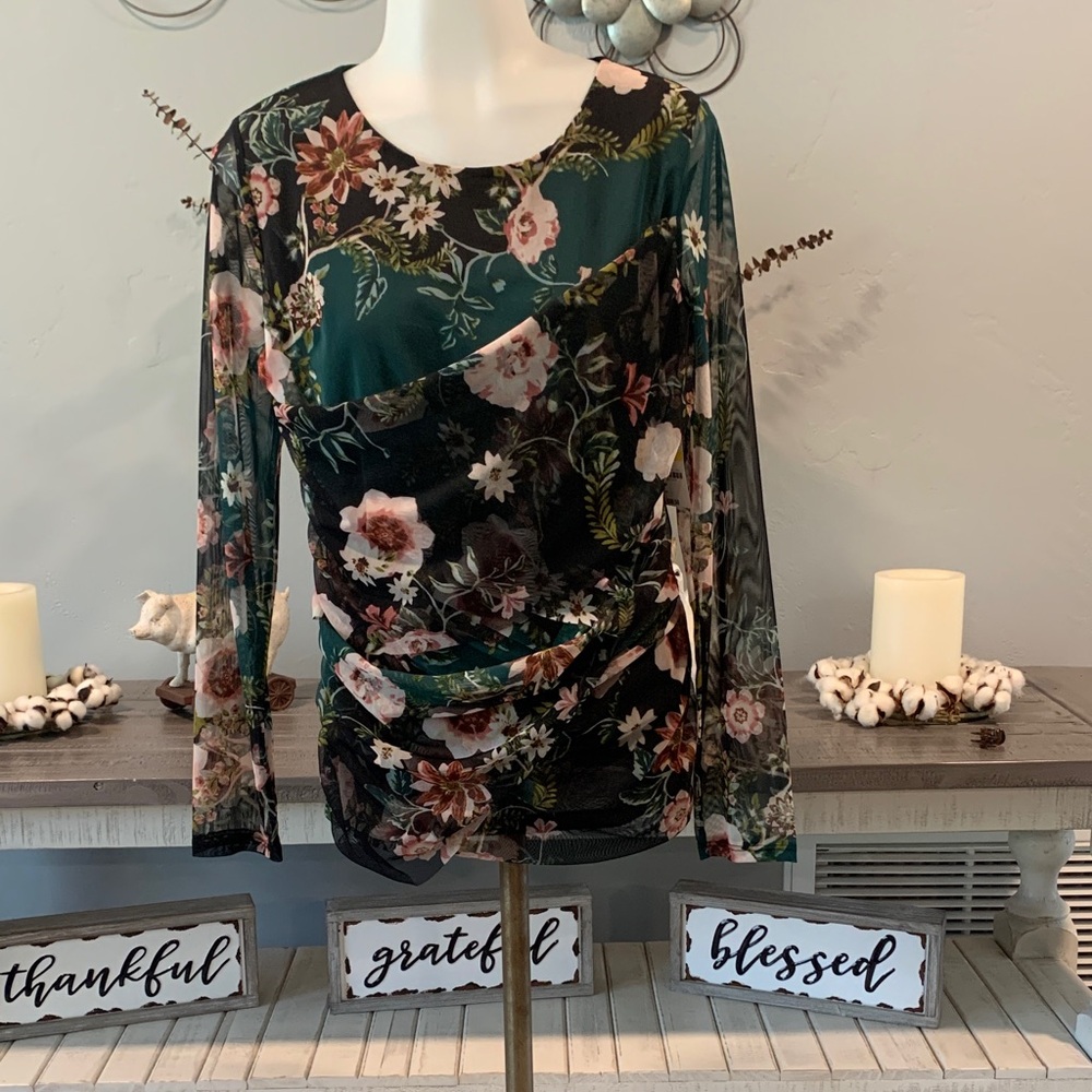 INC International Concepts Floral Mesh Blouse - Green and Black
